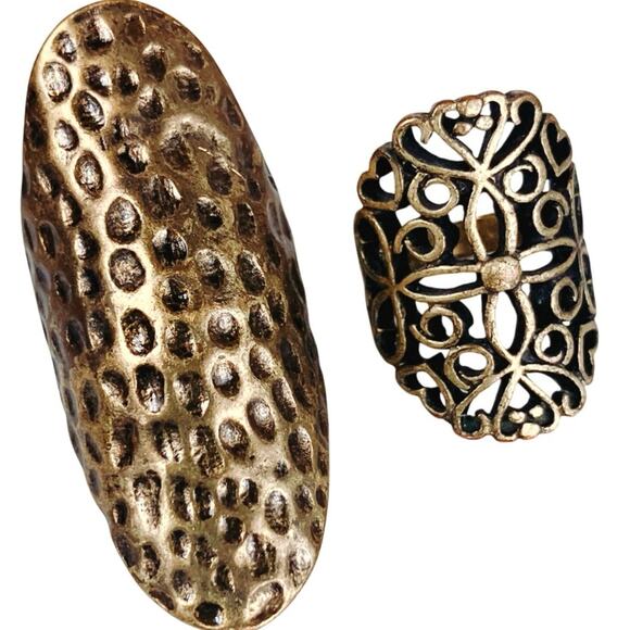VTG Lot of 2 Rings Brass Filigree and Hammered Statement Set Adjustable Bold Y2K - Picture 3 of 11